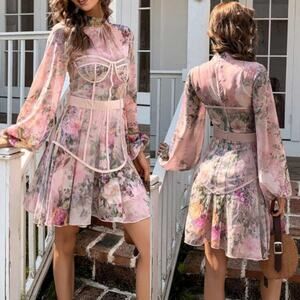 Missord Avante Garde Maximalist Sheer Floral‎ High Neck Bishop Sleeve Mini Dress
